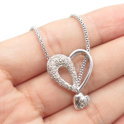 925 Sterling Silver Real Diamond Heart Adjustable Popcorn Chain Necklace 20"