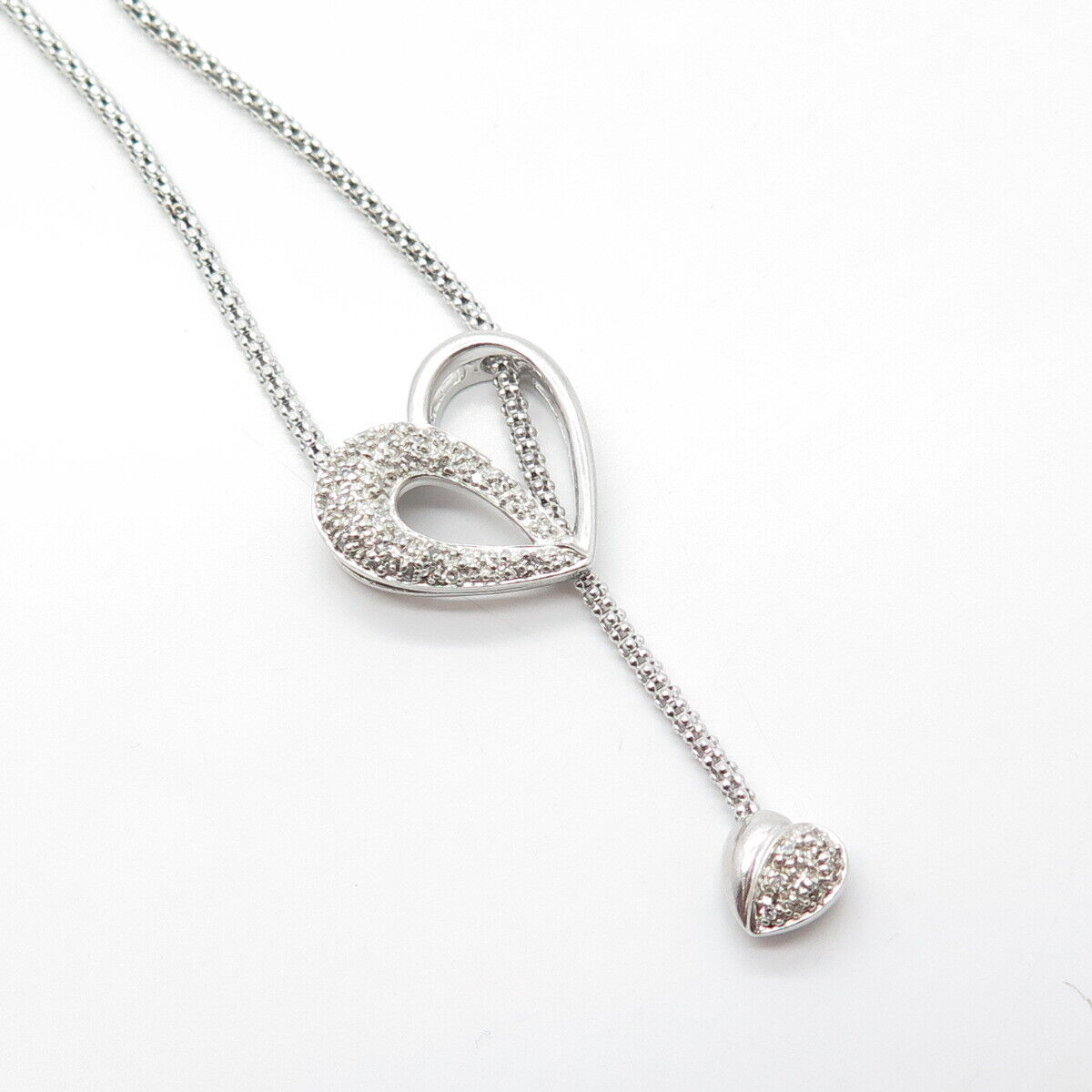 925 Sterling Silver Real Diamond Heart Adjustable Popcorn Chain Necklace 20"