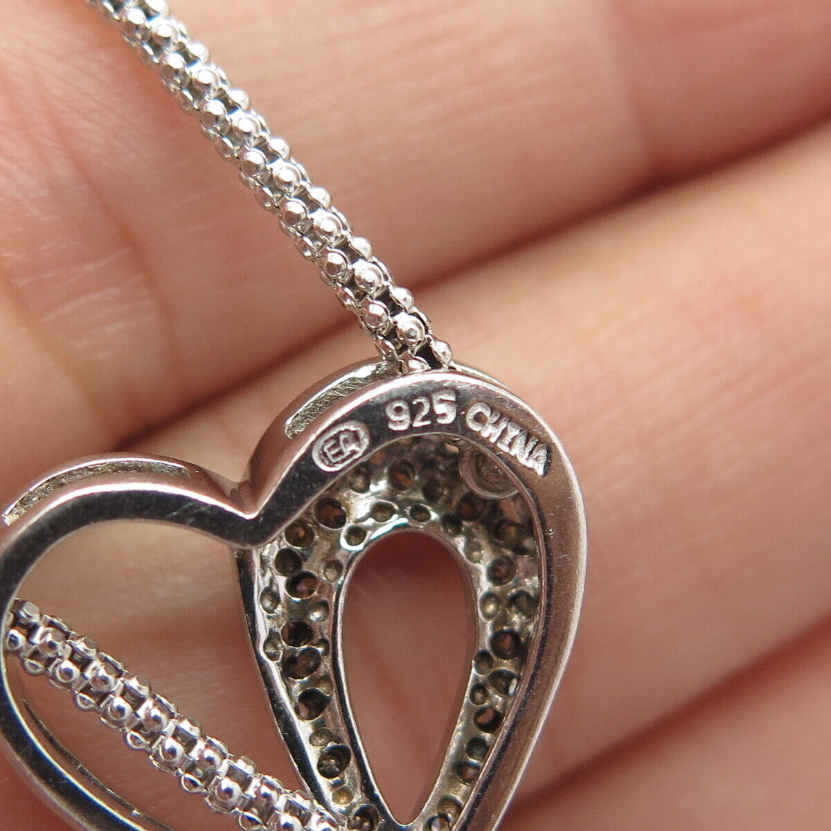 925 Sterling Silver Real Diamond Heart Adjustable Popcorn Chain Necklace 20"