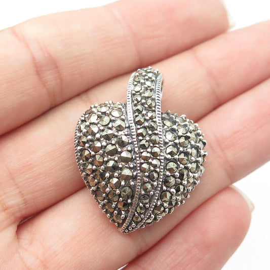 925 Sterling Silver Vintage Real Marcasite Gemstone Heart Slide Pendant