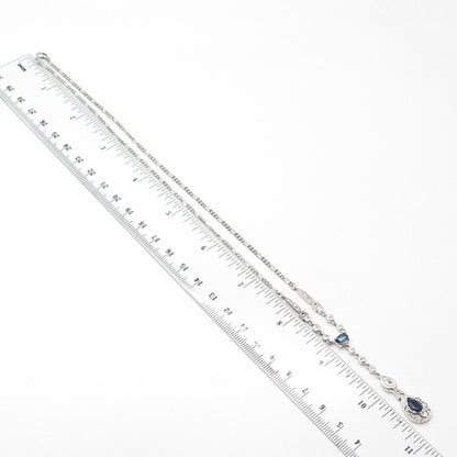 925 Sterling Silver Vintage White & Blue Rhinestone Figaro Chain Necklace 18"