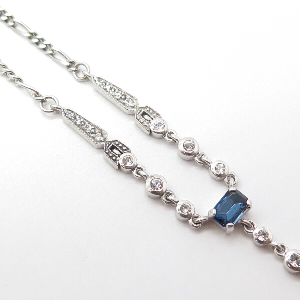 925 Sterling Silver Vintage White & Blue Rhinestone Figaro Chain Necklace 18"