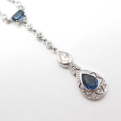 925 Sterling Silver Vintage White & Blue Rhinestone Figaro Chain Necklace 18"