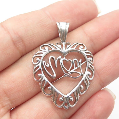 925 Sterling Silver Vintage "Mom" Love Heart Pendant