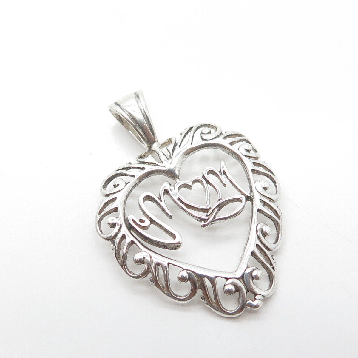 925 Sterling Silver Vintage "Mom" Love Heart Pendant