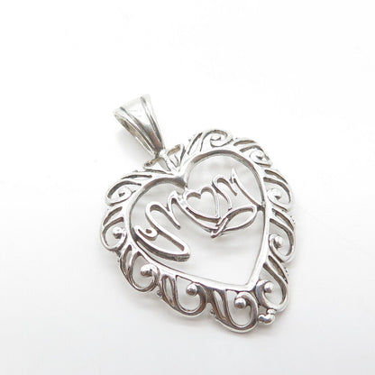 925 Sterling Silver Vintage "Mom" Love Heart Pendant