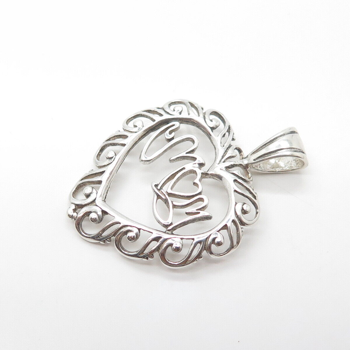 925 Sterling Silver Vintage "Mom" Love Heart Pendant