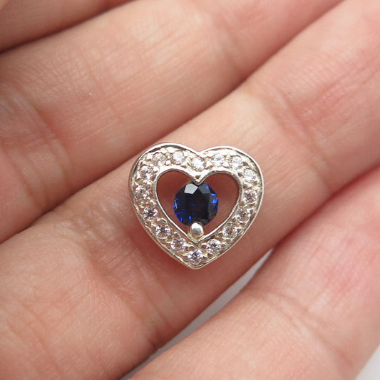 925 Sterling Silver Real Round-Cut Shaped Sapphire Gem & White C Z Heart Pendant