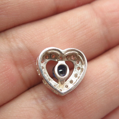 925 Sterling Silver Real Round-Cut Shaped Sapphire Gem & White C Z Heart Pendant