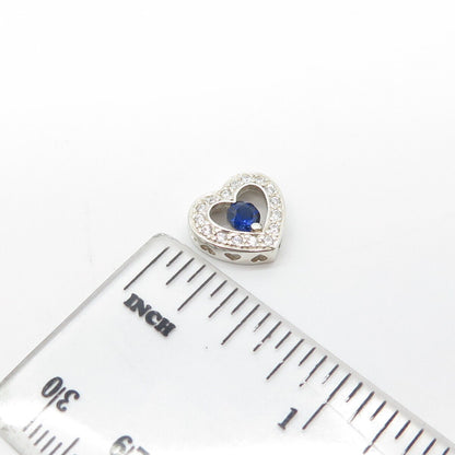 925 Sterling Silver Real Round-Cut Shaped Sapphire Gem & White C Z Heart Pendant