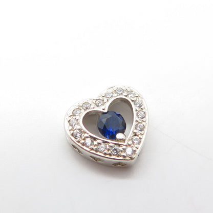 925 Sterling Silver Real Round-Cut Shaped Sapphire Gem & White C Z Heart Pendant