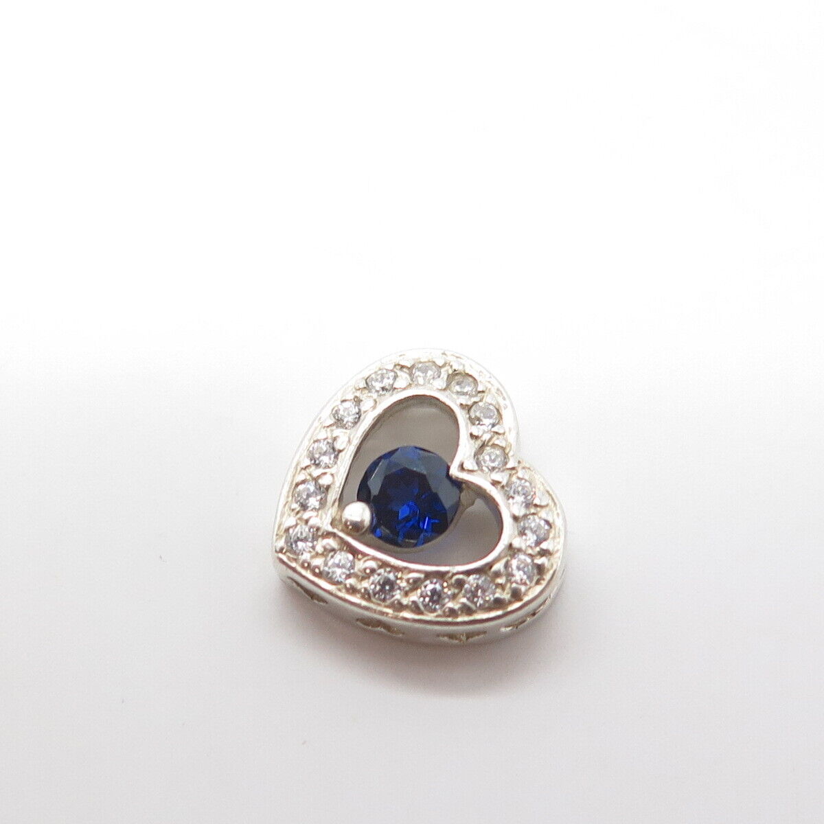 925 Sterling Silver Real Round-Cut Shaped Sapphire Gem & White C Z Heart Pendant