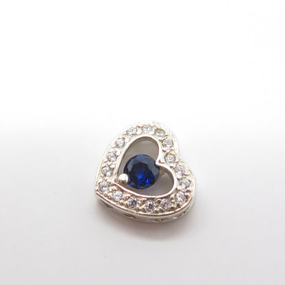 925 Sterling Silver Real Round-Cut Shaped Sapphire Gem & White C Z Heart Pendant