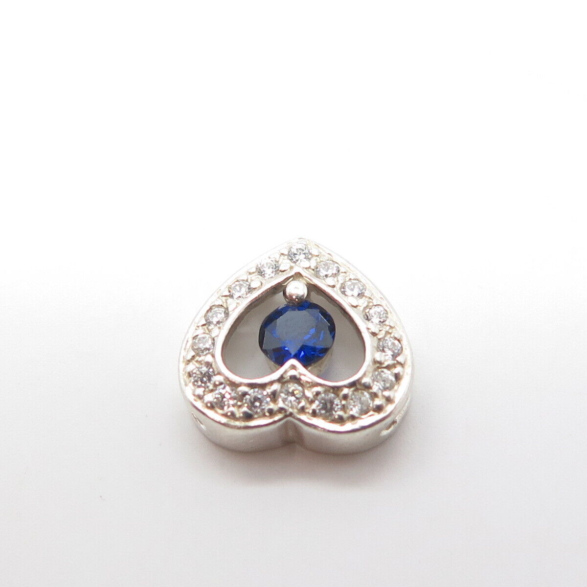 925 Sterling Silver Real Round-Cut Shaped Sapphire Gem & White C Z Heart Pendant