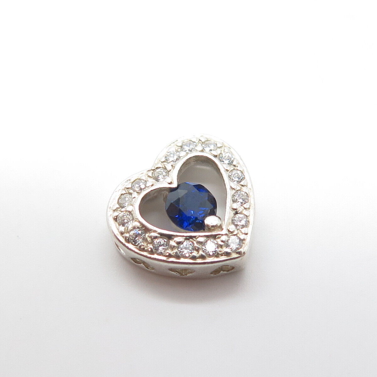 925 Sterling Silver Real Round-Cut Shaped Sapphire Gem & White C Z Heart Pendant