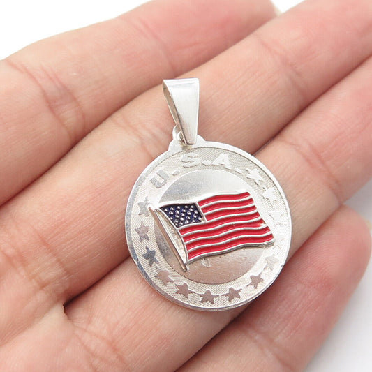 925 Sterling Silver Vintage Enamel USA National Flag Round Medal Pendant