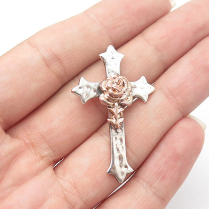 925 Sterling Silver 2-Tone Vintage Rose Floral Cross Slide Pendant