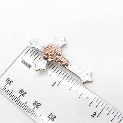 925 Sterling Silver 2-Tone Vintage Rose Floral Cross Slide Pendant