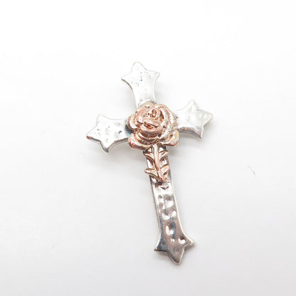 925 Sterling Silver 2-Tone Vintage Rose Floral Cross Slide Pendant