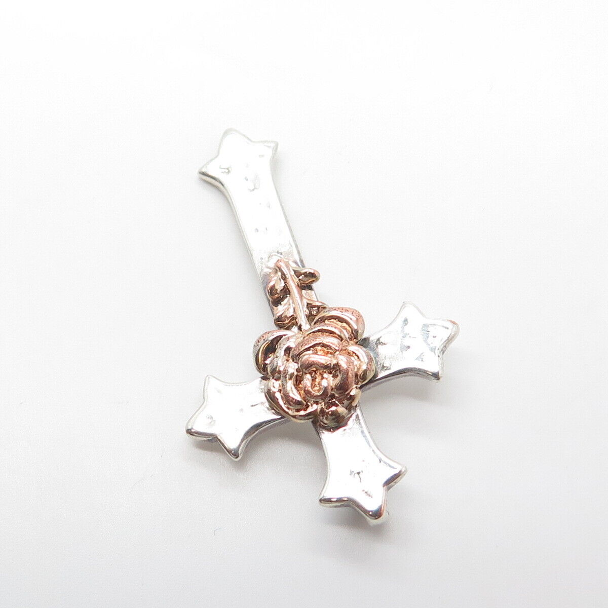 925 Sterling Silver 2-Tone Vintage Rose Floral Cross Slide Pendant