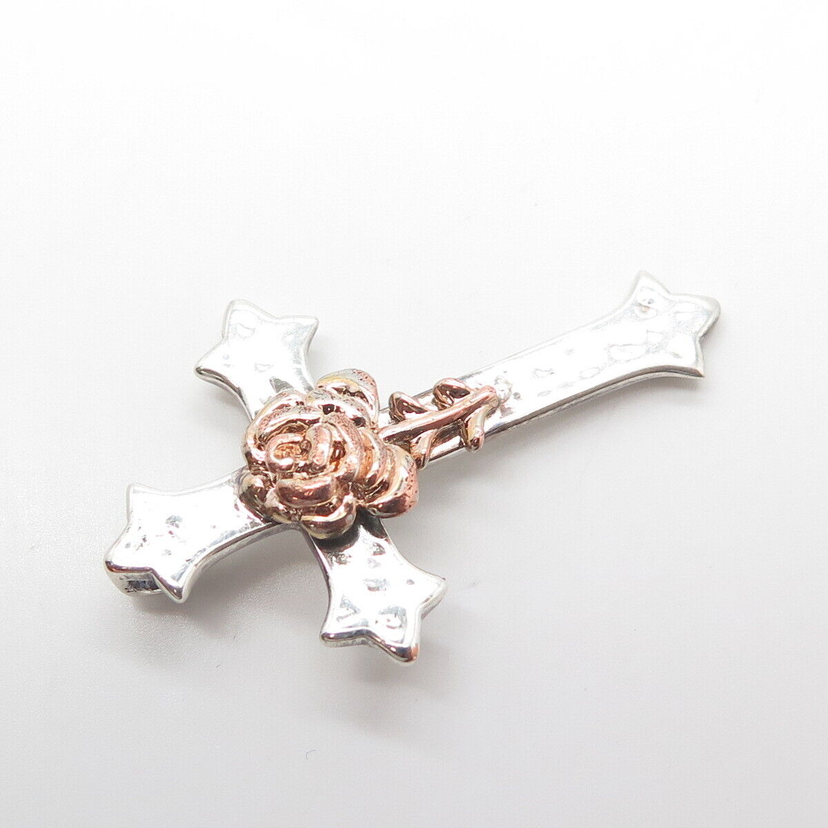 925 Sterling Silver 2-Tone Vintage Rose Floral Cross Slide Pendant