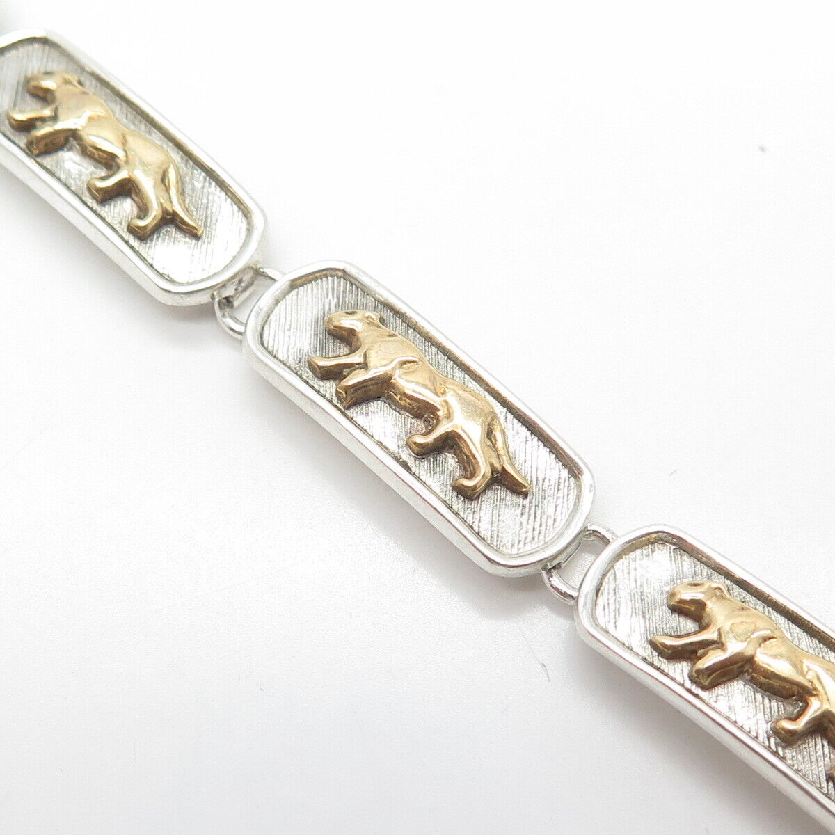 925 Sterling Silver 2-Tone Vintage Mexico Wild Cat Panel Link Bracelet 7.5"