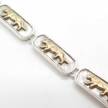 925 Sterling Silver 2-Tone Vintage Mexico Wild Cat Panel Link Bracelet 7.5"