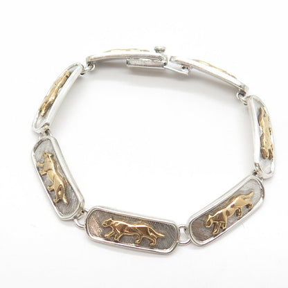 925 Sterling Silver 2-Tone Vintage Mexico Wild Cat Panel Link Bracelet 7.5"