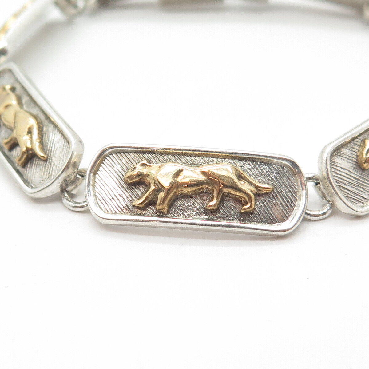 925 Sterling Silver 2-Tone Vintage Mexico Wild Cat Panel Link Bracelet 7.5"