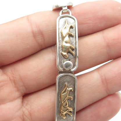 925 Sterling Silver 2-Tone Vintage Mexico Wild Cat Panel Link Bracelet 7.5"