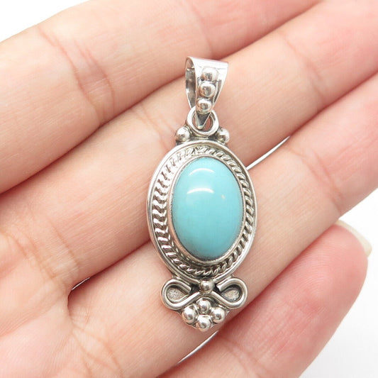 925 Sterling Silver Vintage Cabochon Faux Turquoise Floral Beaded Oval Pendant