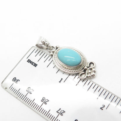 925 Sterling Silver Vintage Cabochon Faux Turquoise Floral Beaded Oval Pendant