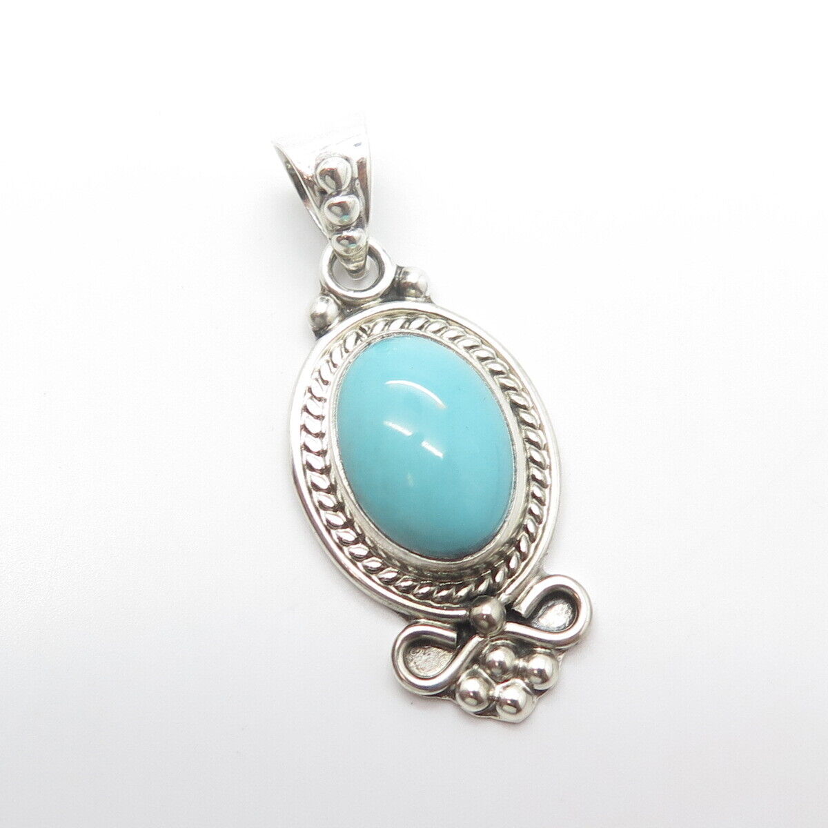 925 Sterling Silver Vintage Cabochon Faux Turquoise Floral Beaded Oval Pendant