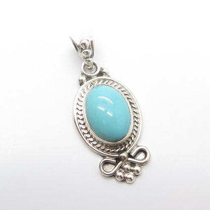 925 Sterling Silver Vintage Cabochon Faux Turquoise Floral Beaded Oval Pendant