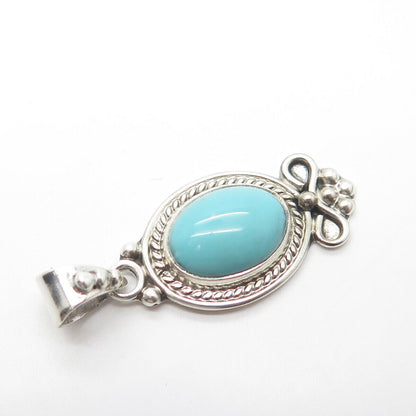 925 Sterling Silver Vintage Cabochon Faux Turquoise Floral Beaded Oval Pendant