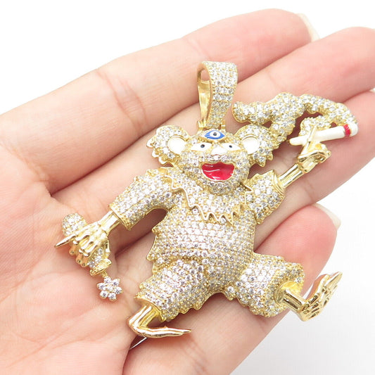 925 Sterling Silver Gold Plated White C Z & Enamel Circus Party Monkey Pendant