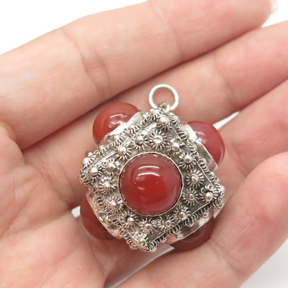 925 Sterling Silver Antique Art Deco Real Carnelian Gem Chatelaine Fob Pendant