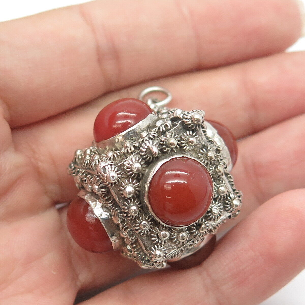 925 Sterling Silver Antique Art Deco Real Carnelian Gem Chatelaine Fob Pendant