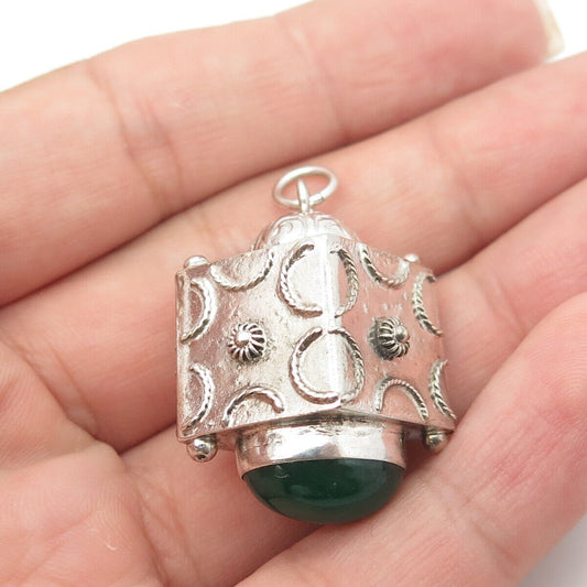 800 Silver Antique Art Deco Real Green Agate Gemstone Chatelaine Fob Pendant