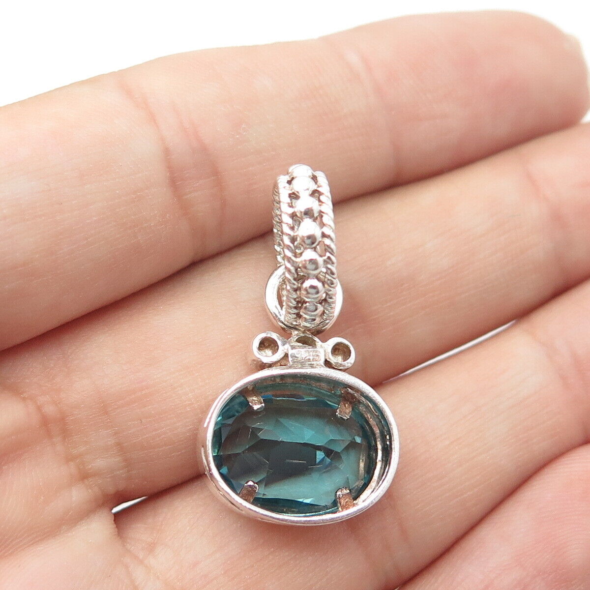 925 Sterling Silver Vintage Blue C Z Beaded Pendant