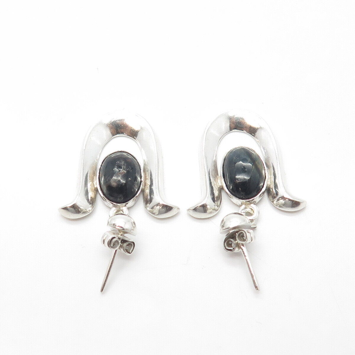 925 Sterling Silver Vintage Mexico Taxco Real Tiger Eye Gem Modernist Earrings