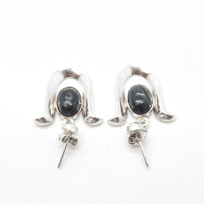 925 Sterling Silver Vintage Mexico Taxco Real Tiger Eye Gem Modernist Earrings