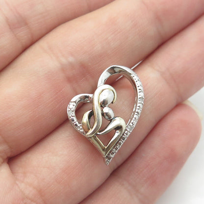 925 Sterling Silver Real White Diamond Accent Mother & Child Heart Slide Pendant