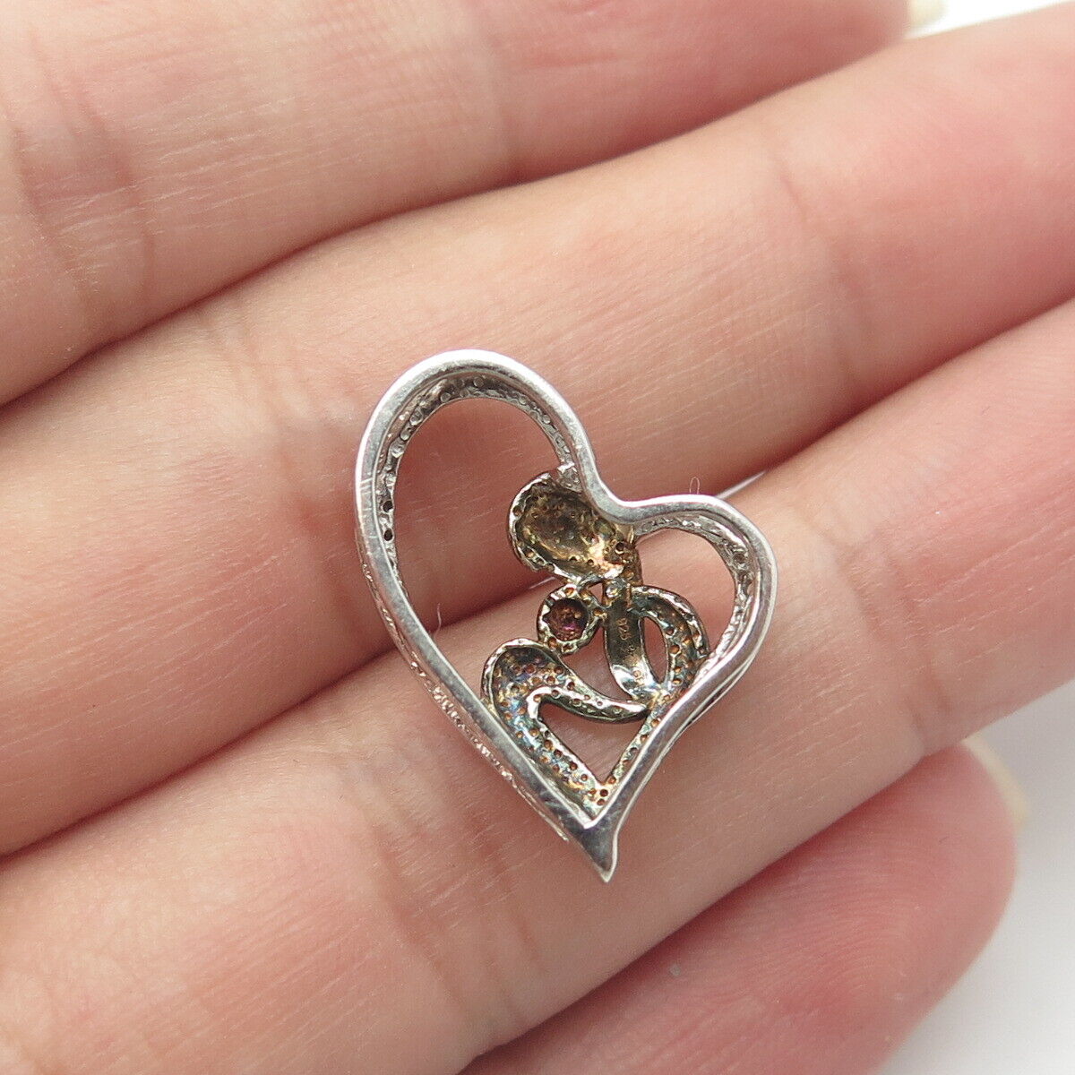 925 Sterling Silver Real White Diamond Accent Mother & Child Heart Slide Pendant