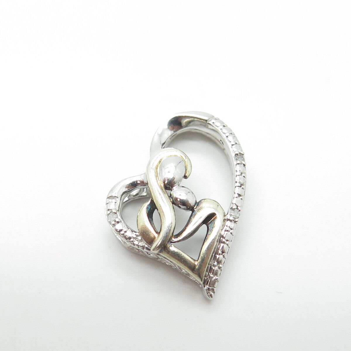 925 Sterling Silver Real White Diamond Accent Mother & Child Heart Slide Pendant