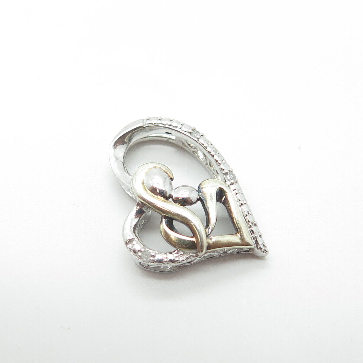 925 Sterling Silver Real White Diamond Accent Mother & Child Heart Slide Pendant