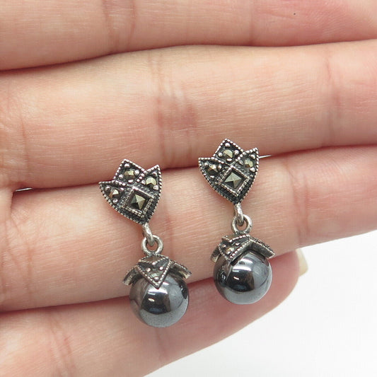 925 Sterling Silver Vintage Hematite & Marcasite Gem Floral Dotted Drop Earrings