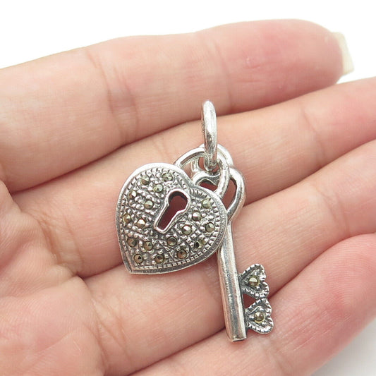 925 Sterling Silver Vintage Real Marcasite Gem Key From Heart Repousse Pendant