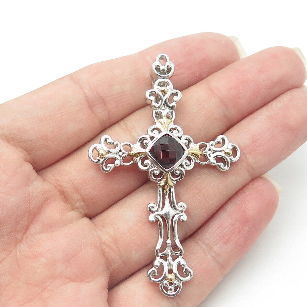 925 Sterling Silver 2-Tone Real Red Garnet Gem Cross Swirl Religious Pendant