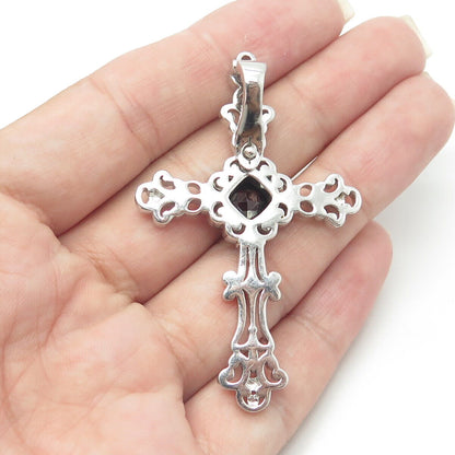 925 Sterling Silver 2-Tone Real Red Garnet Gem Cross Swirl Religious Pendant